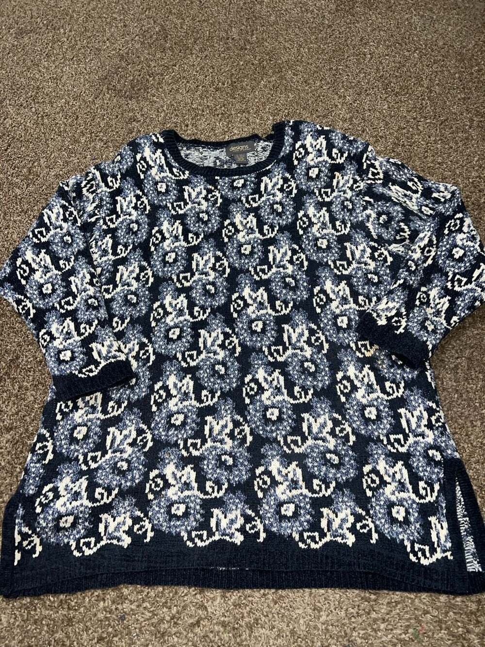 Designs by Lane Bryant Vintage Navy Blue and White Floral Knit Sweater  22/24